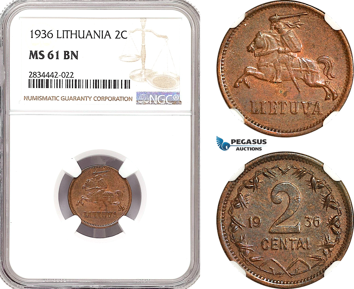 AG974, Lithuania, 2 Centai 1936, KM#80, NGC MS61BN