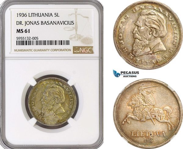 AG975, Lithuania, 5 Litai 1936, Jonas Basanavicius, Silver, KM# 82, NGC MS61