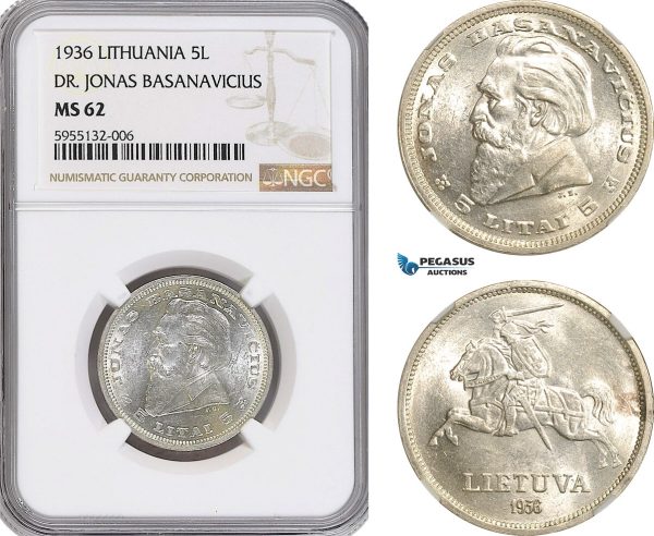 AG976, Lithuania, 5 Litai 1936, Jonas Basanavicius, Silver, KM# 82, NGC MS62