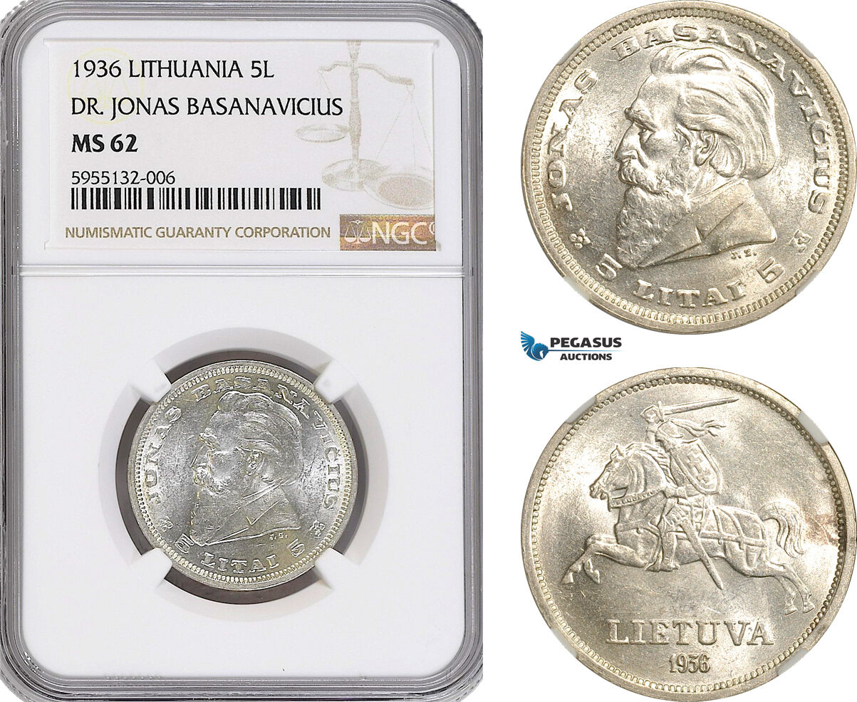 AG976, Lithuania, 5 Litai 1936, Jonas Basanavicius, Silver, KM# 82, NGC MS62