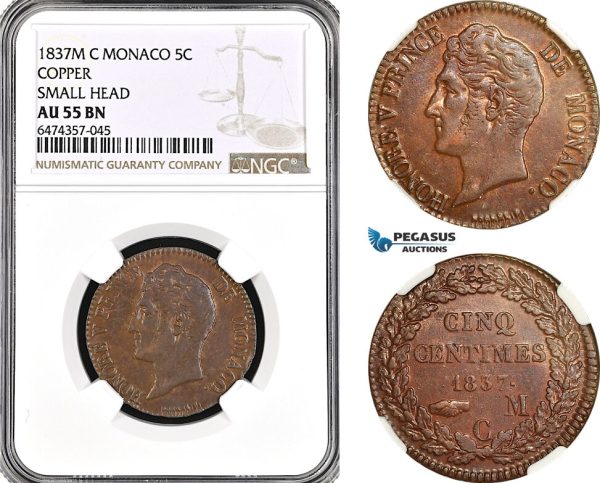 AG979, Monaco, Honore V, 5 Centimes 1837 M, Copper, Small Head, KM# 95.2a, NGC AU55BN
