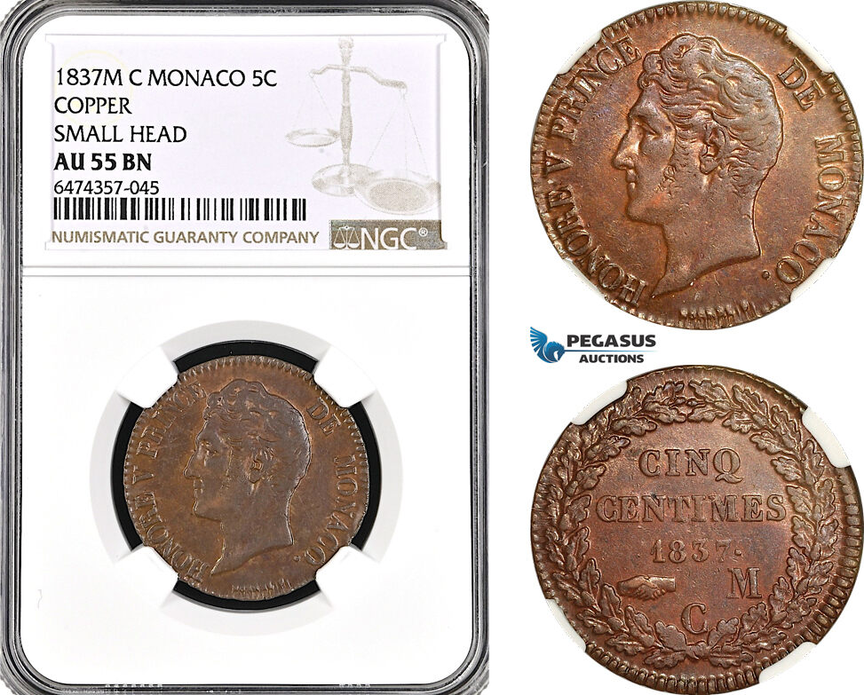 AG979, Monaco, Honore V, 5 Centimes 1837 M, Copper, Small Head, KM# 95.2a, NGC AU55BN