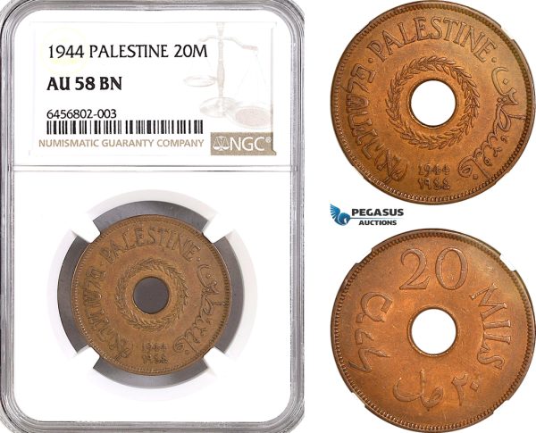 AG983, Palestine, 20 Mils 1944, London Mint, KM# 5a, NGC AU58BN
