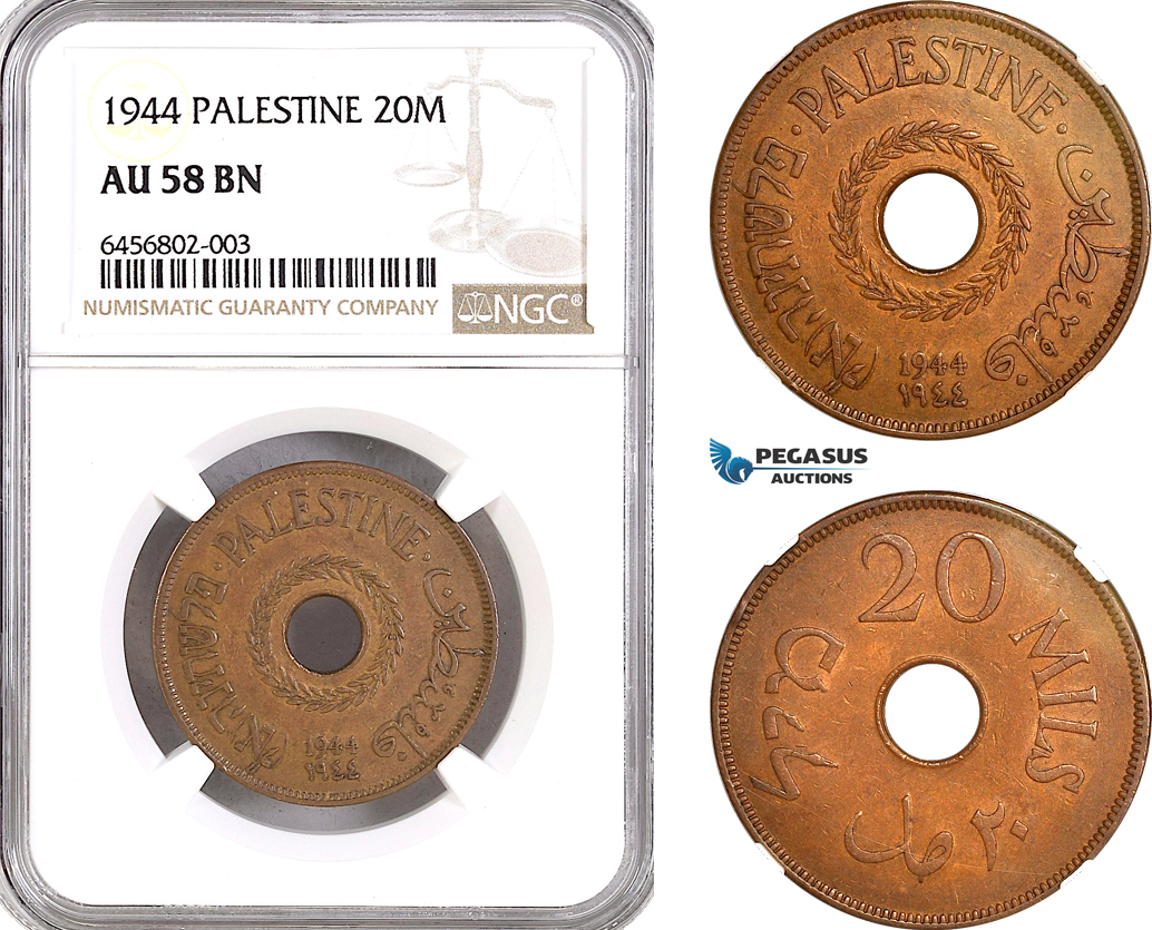 AG983, Palestine, 20 Mils 1944, London Mint, KM# 5a, NGC AU58BN
