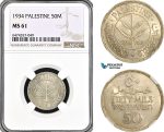AG984, Palestine, 50 Mils 1934, London Mint, Silver, KM# 6, NGC MS61