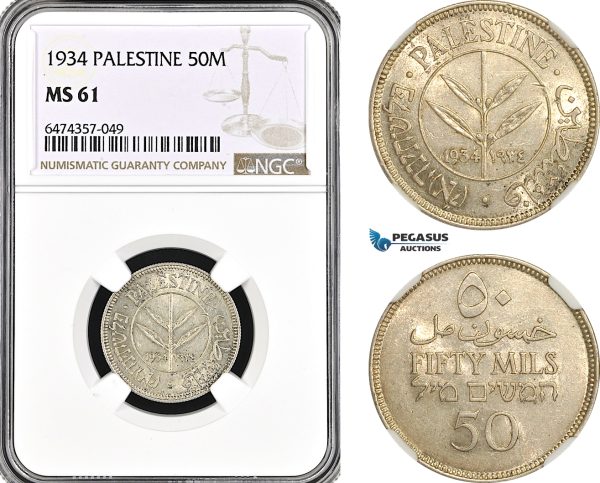 AG984, Palestine, 50 Mils 1934, London Mint, Silver, KM# 6, NGC MS61