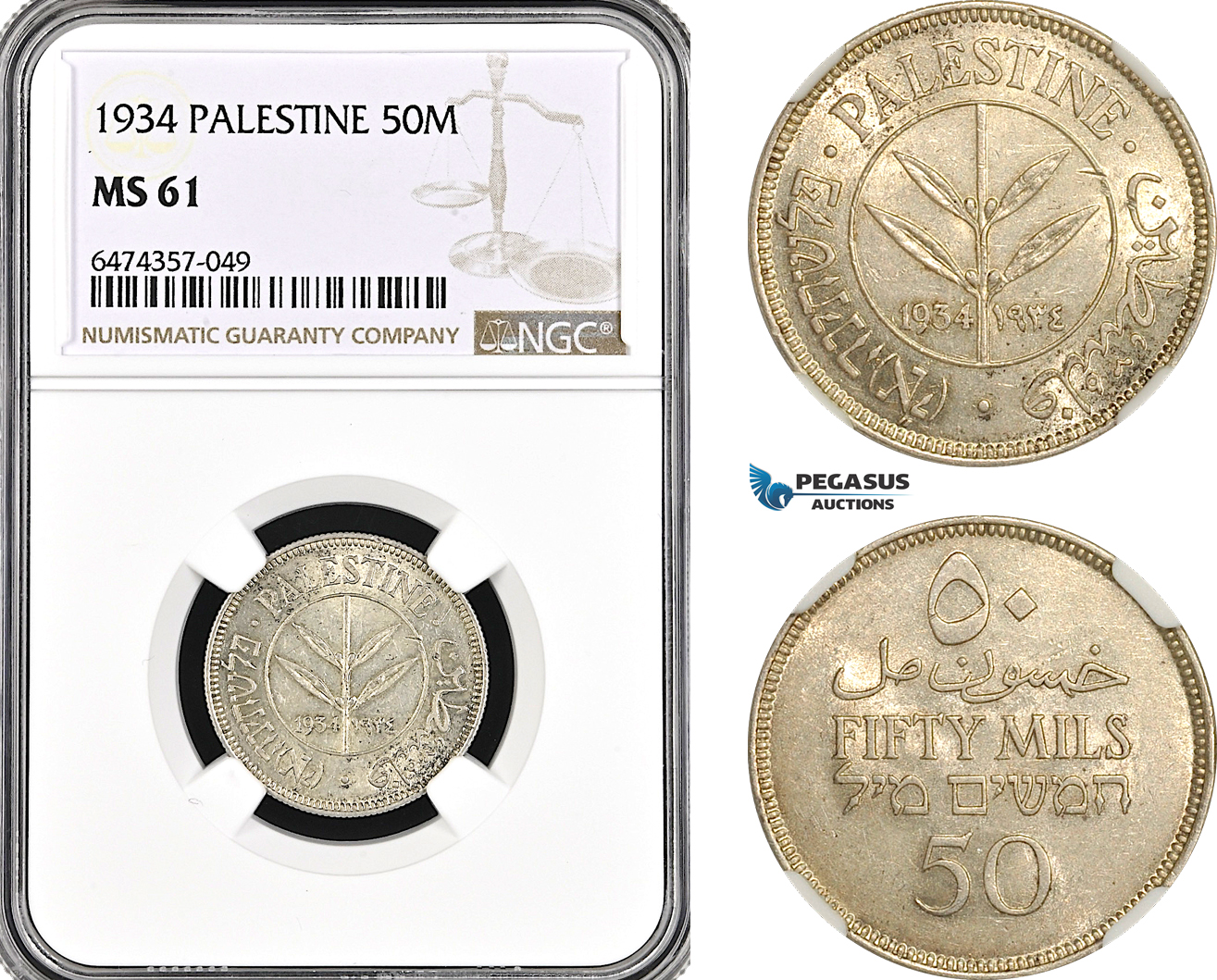 AG984, Palestine, 50 Mils 1934, London Mint, Silver, KM# 6, NGC MS61