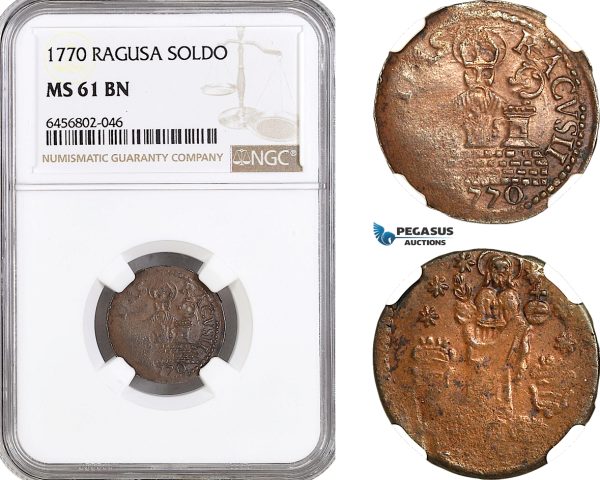 AG986, Ragusa, 1 Soldo 1770, KM# 6, NGC MS61BN, Pop 1/0