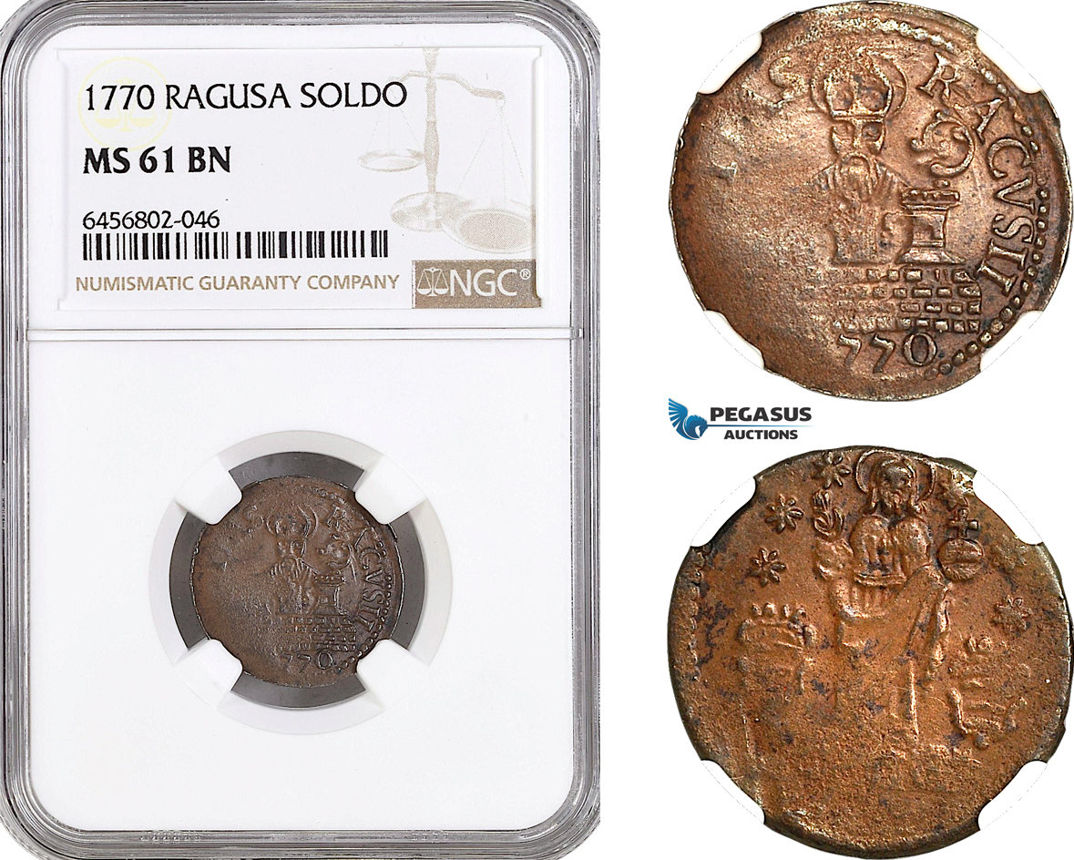 AG986, Ragusa, 1 Soldo 1770, KM# 6, NGC MS61BN, Pop 1/0