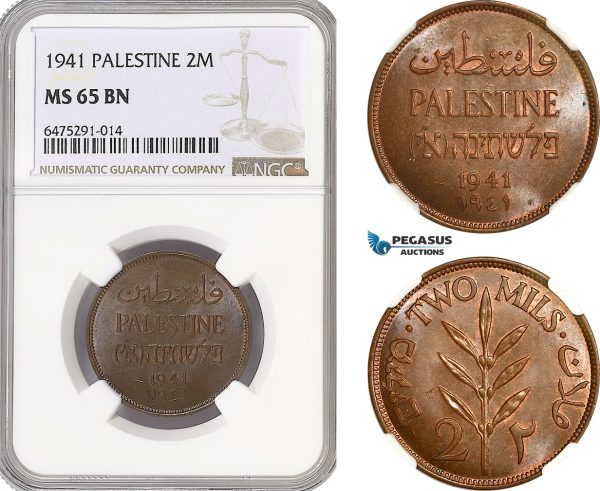 AH101, Palestine, 2 Mils 1941, London Mint, NGC MS65BN