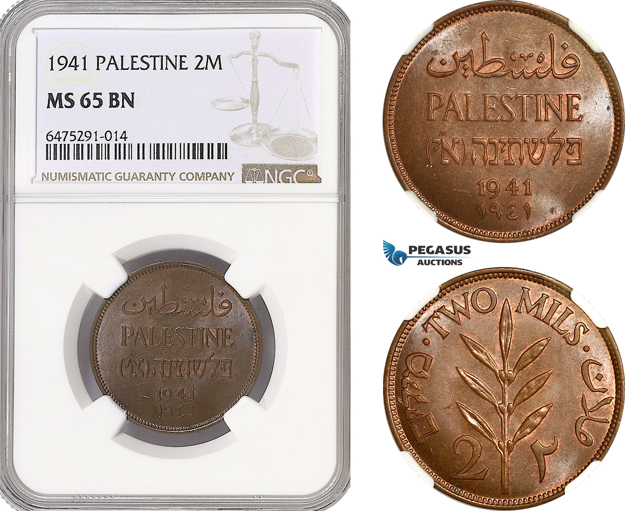 AH101, Palestine, 2 Mils 1941, London Mint, NGC MS65BN