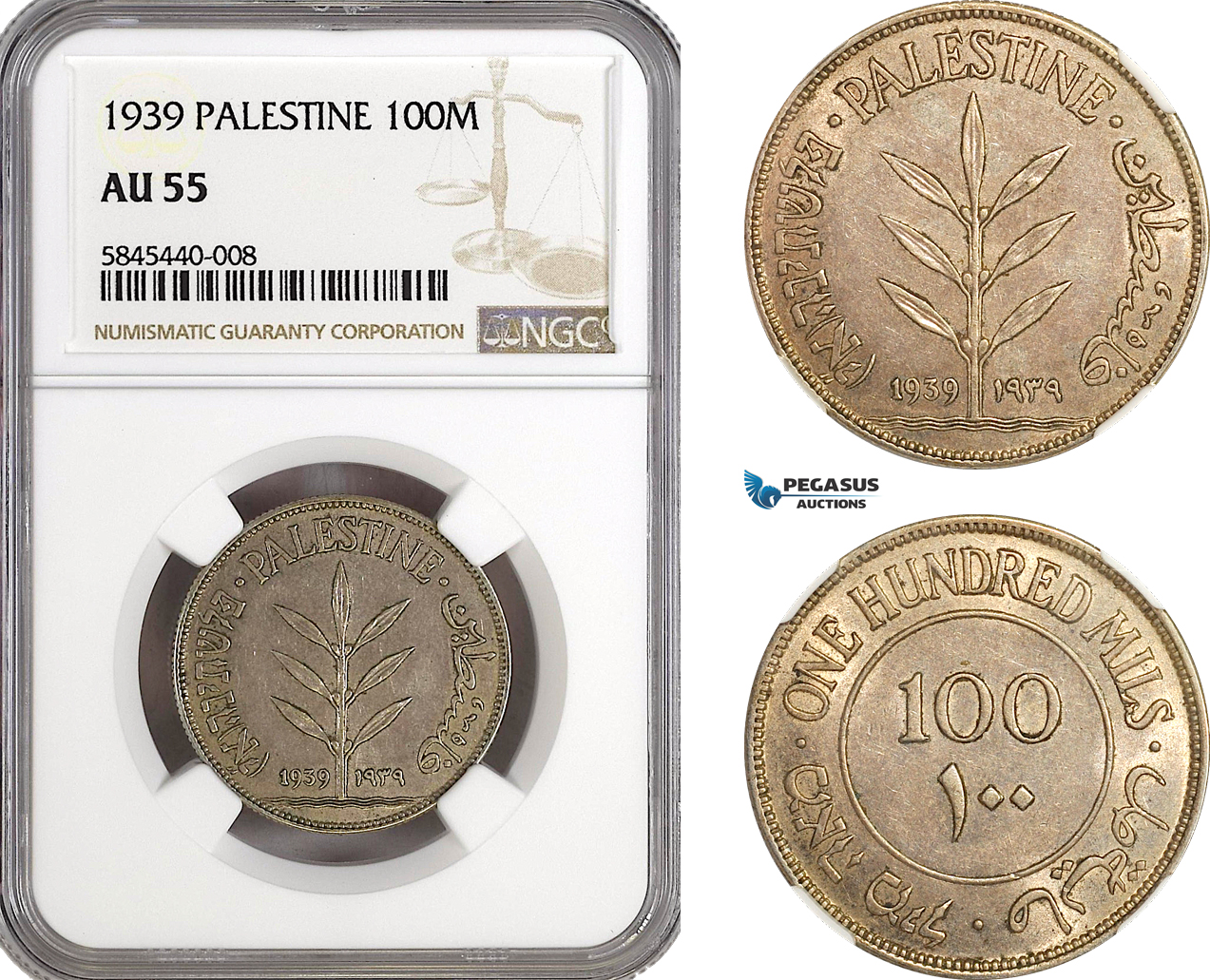 AH104, Palestine, 100 Mils 1939, London Mint, Silver, NGC AU55