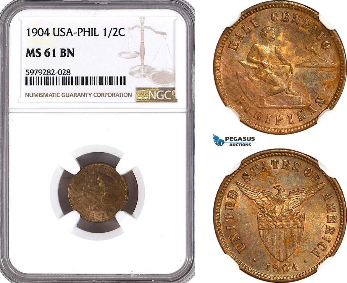 AH105, Philippines (US Administration) 1/2 Centavo 1904, Philadelphia Mint, NGC MS61BN