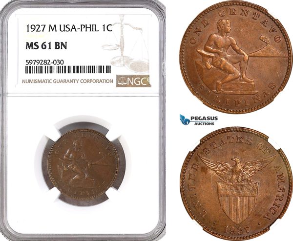 AH106, Philippines (US Administration) 1 Centavo 1927 M, Manila Mint, NGC MS61BN