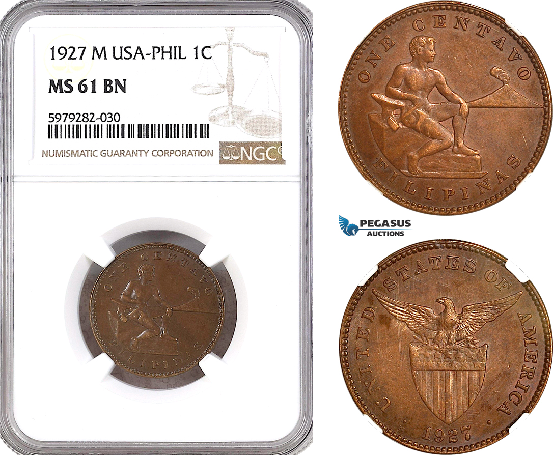 AH106, Philippines (US Administration) 1 Centavo 1927 M, Manila Mint, NGC MS61BN