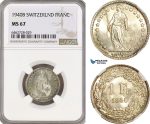AH154, Switzerland, 1 Franc 1940 B, Bern Mint, Silver, NGC MS67, Top Pop!
