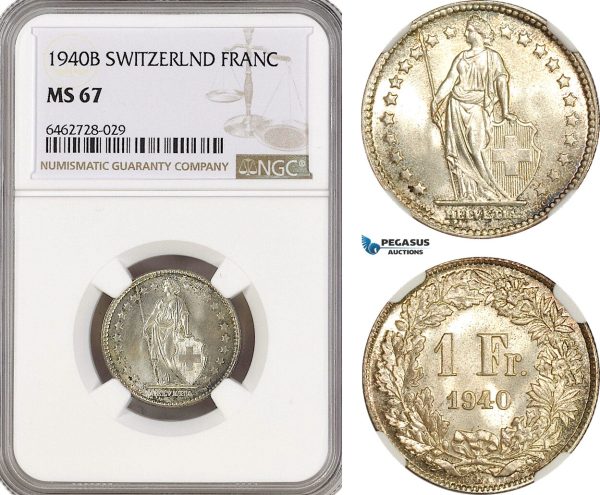 AH154, Switzerland, 1 Franc 1940 B, Bern Mint, Silver, NGC MS67, Top Pop!