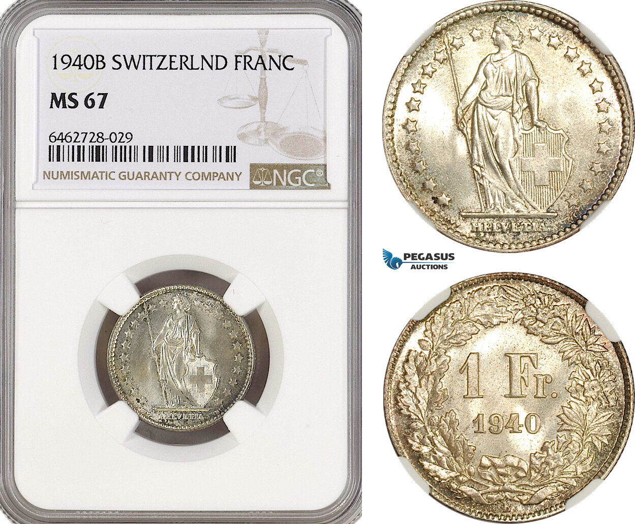 AH154, Switzerland, 1 Franc 1940 B, Bern Mint, Silver, NGC MS67, Top Pop!
