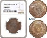 AH164, Uruguay, 2 Centesimos 1869 H, Heaton Mint, NGC MS63BN
