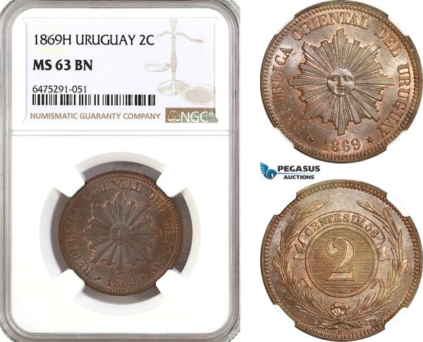 AH164, Uruguay, 2 Centesimos 1869 H, Heaton Mint, NGC MS63BN