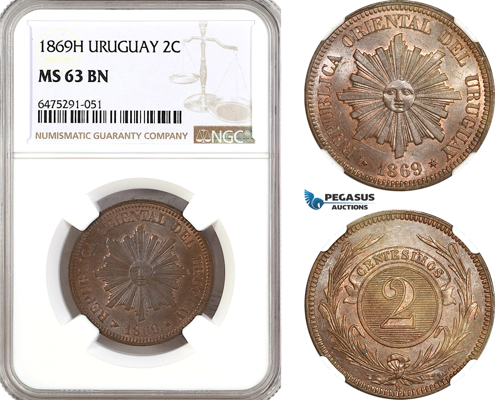 AH164, Uruguay, 2 Centesimos 1869 H, Heaton Mint, NGC MS63BN