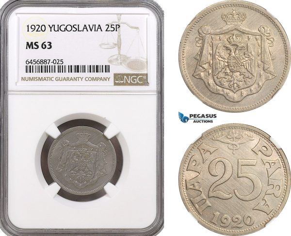 AH165, Yugoslavia, Peter I, 25 Para 1920, Vienna Mint, NGC MS63