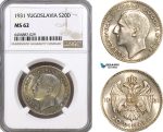 AH166, Yugoslavia, Alexander I, 20 Dinara 1931, Belgrade Mint, Silver, NGC MS62