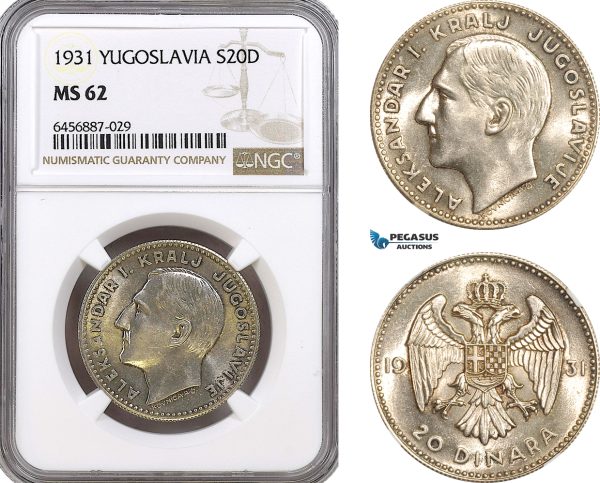 AH166, Yugoslavia, Alexander I, 20 Dinara 1931, Belgrade Mint, Silver, NGC MS62