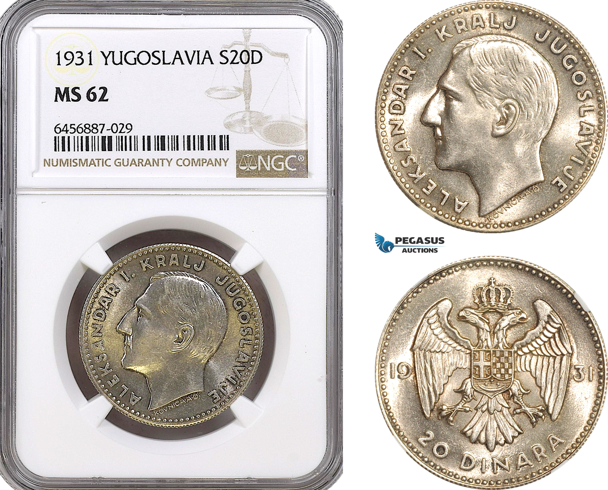 AH166, Yugoslavia, Alexander I, 20 Dinara 1931, Belgrade Mint, Silver, NGC MS62