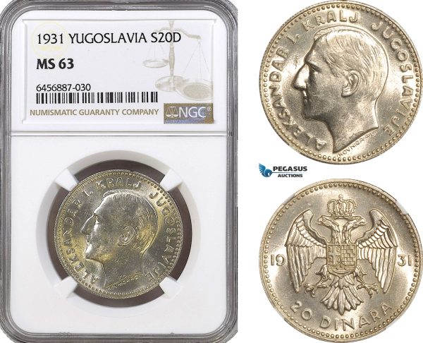 AH167, Yugoslavia, Alexander I, 20 Dinara 1931, Belgrade Mint, Silver, NGC MS63