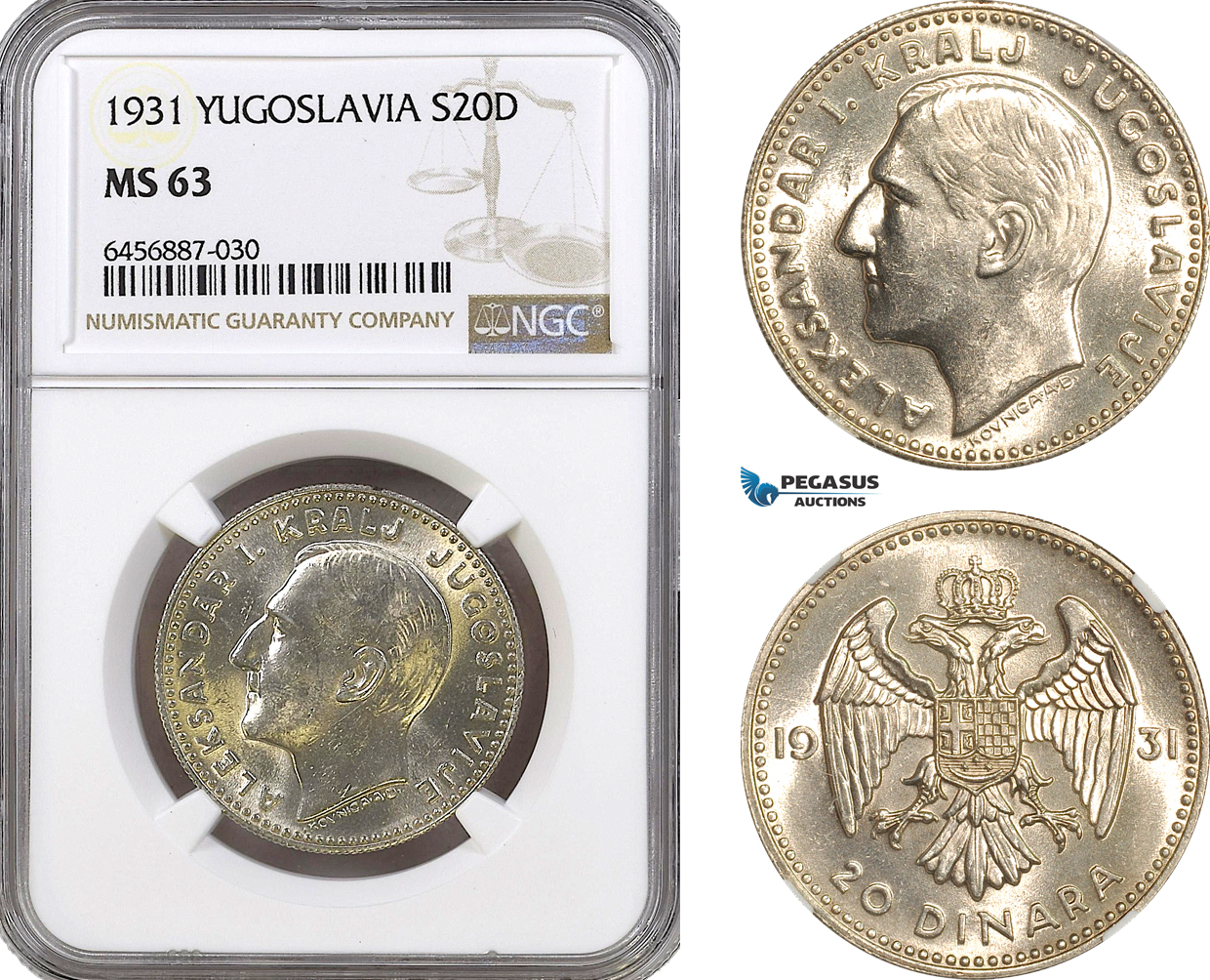 AH167, Yugoslavia, Alexander I, 20 Dinara 1931, Belgrade Mint, Silver, NGC MS63