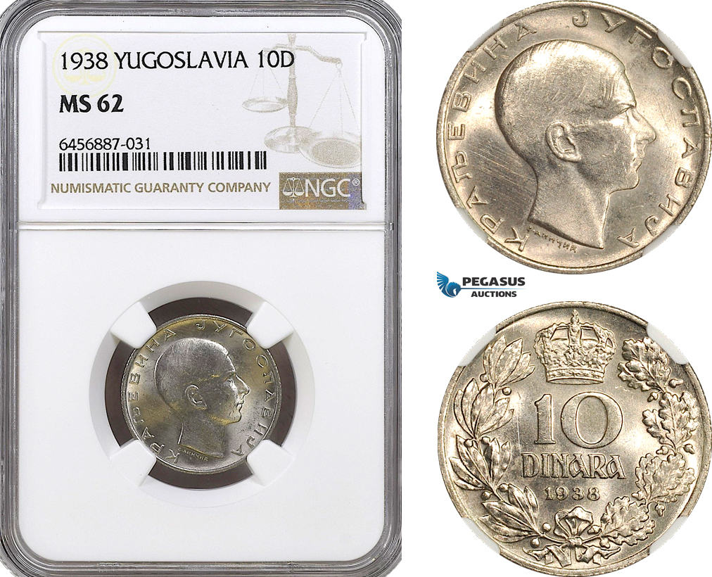 AH168, Yugoslavia, Peter II, 10 Dinara 1938, Belgrade Mint, NGC MS62