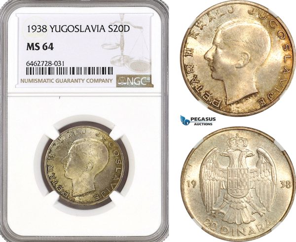 AH171, Yugoslavia, Peter II, 20 Dinara 1938, Belgrade Mint, Silver, NGC MS64