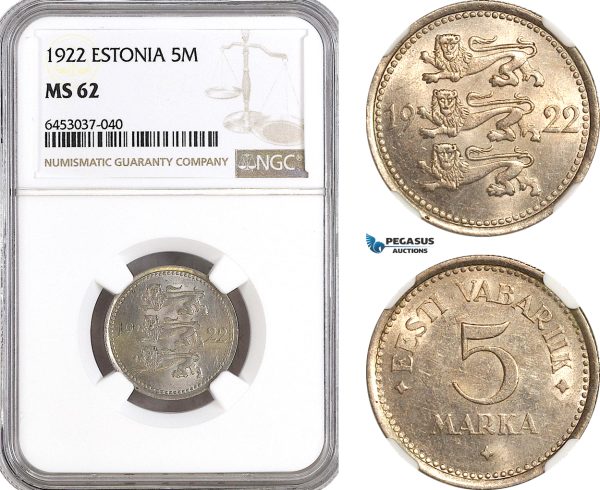 AH182, Estonia, 5 Marka 1922, NGC MS62