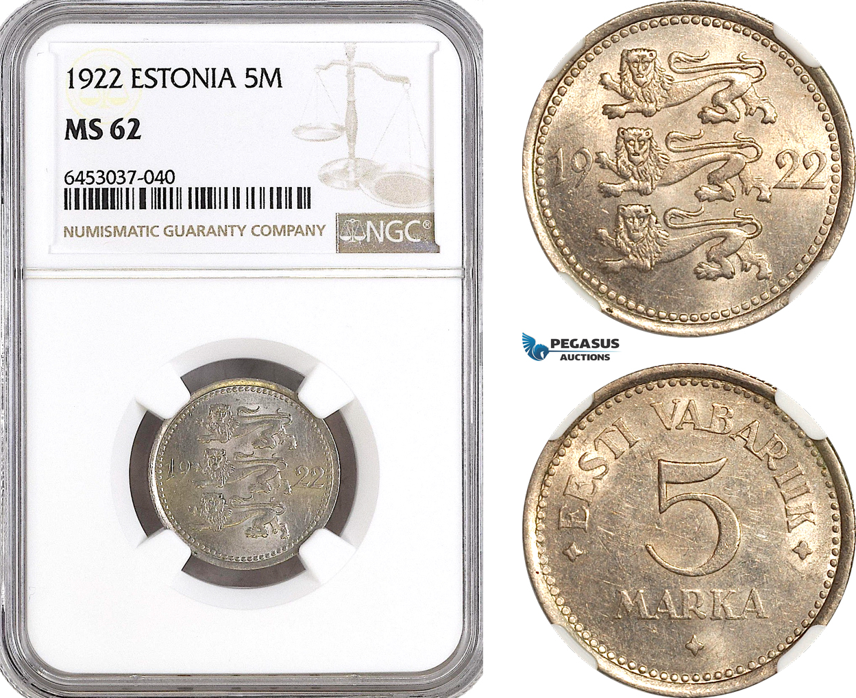 AH182, Estonia, 5 Marka 1922, NGC MS62