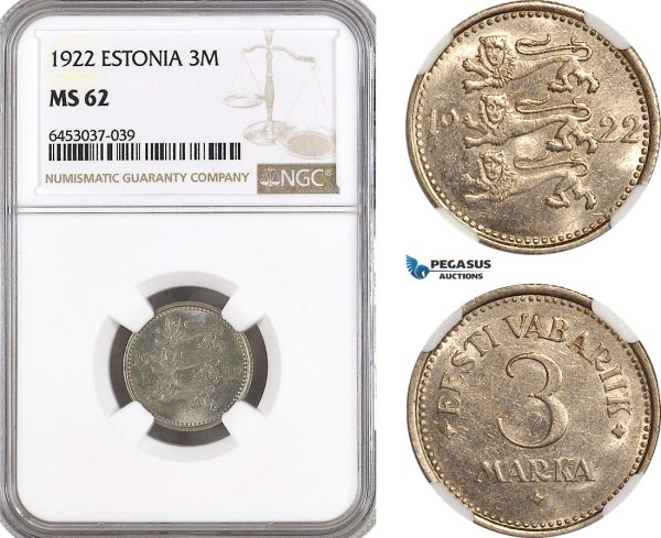 AH183, Estonia, 3 Marka 1922, NGC MS62