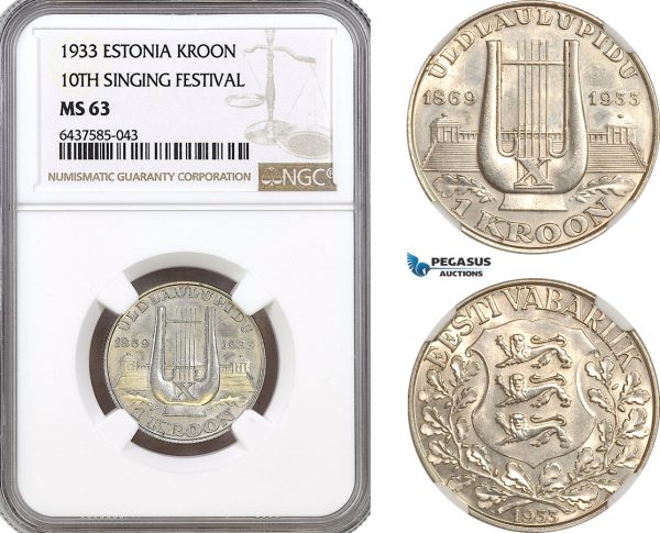 AH184, Estonia, 1 Kroon 1933, Singing Festival, Silver, NGC MS63