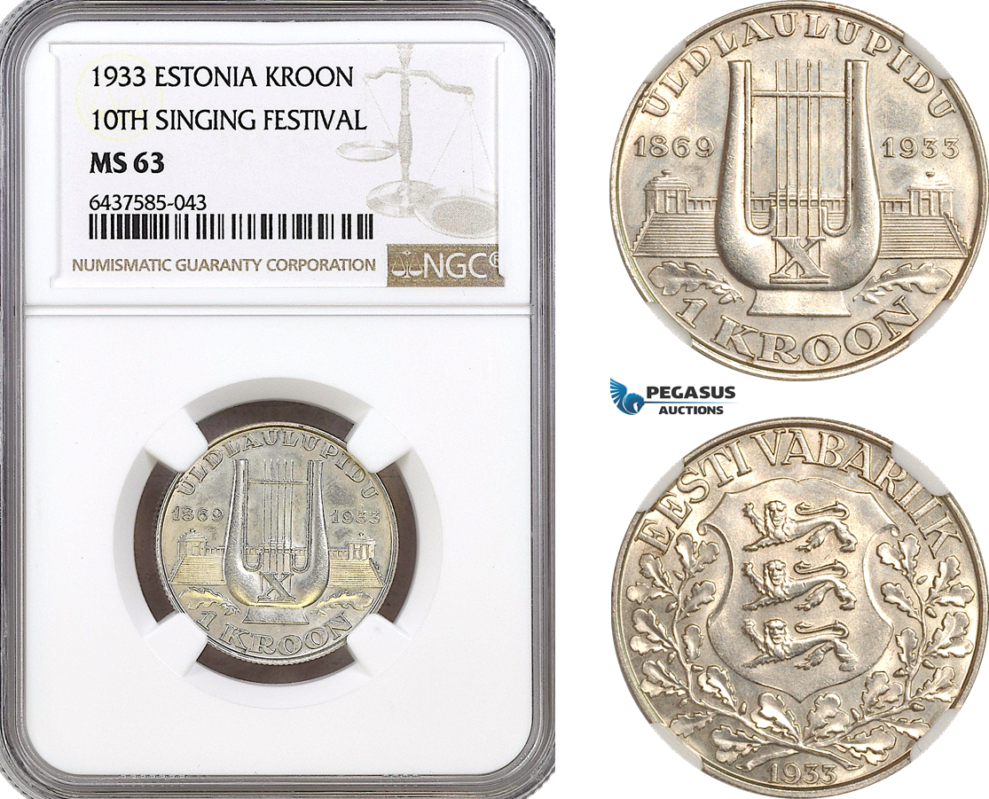 AH184, Estonia, 1 Kroon 1933, Singing Festival, Silver, NGC MS63