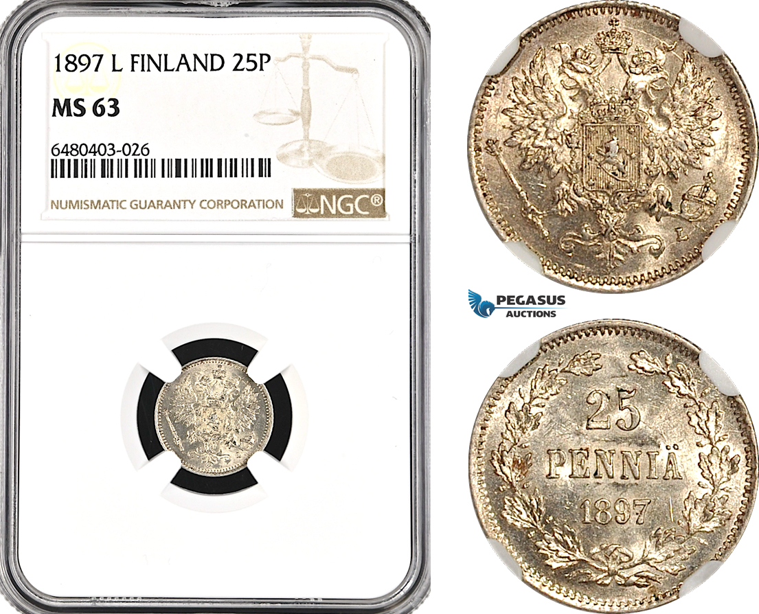 AH185, Finland, Nicholas II. of Russia, 25 Penniä 1897 L, Helsinki Mint, NGC MS63