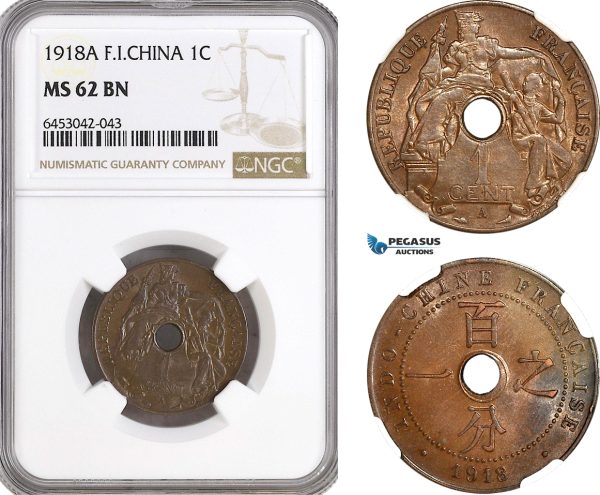 AH219, French Indo-China, 1 Centime 1918 A, Paris Mint, NGC MS62BN