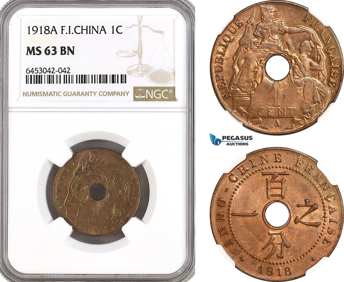 AH220, French Indo-China, 1 Centime 1918 A, Paris Mint, NGC MS63BN