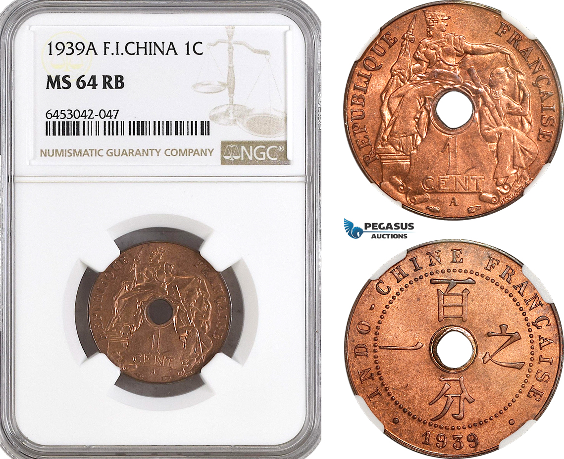 AH222, French Indo-China, 1 Centime 1939 A, Paris Mint, NGC MS64RB