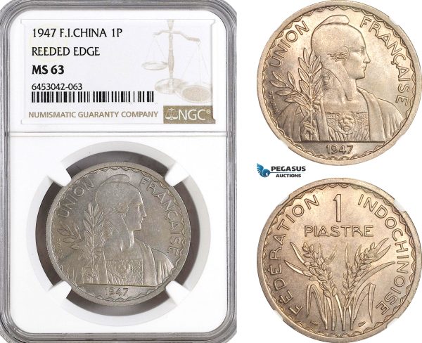 AH225, French Indo-China, 1 Piastre 1947, Paris Mint, Reeded Edge, NGC MS63