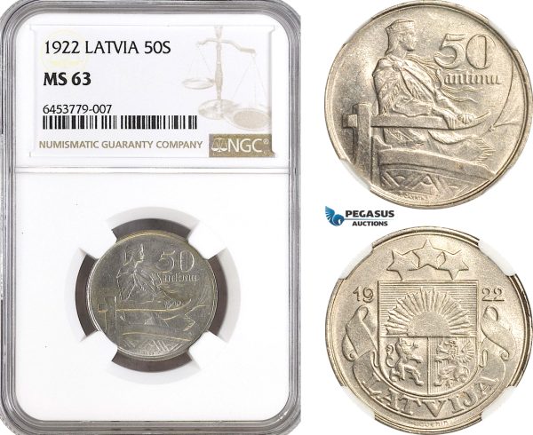 AH231, Latvia, 50 Santimu 1922, NGC MS63