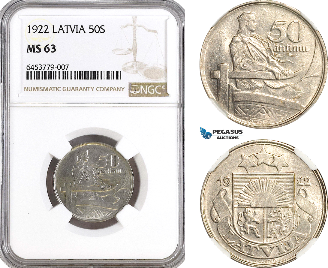 AH231, Latvia, 50 Santimu 1922, NGC MS63