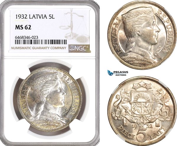 AH233, Latvia, 5 Lati 1932, Silver, NGC MS62