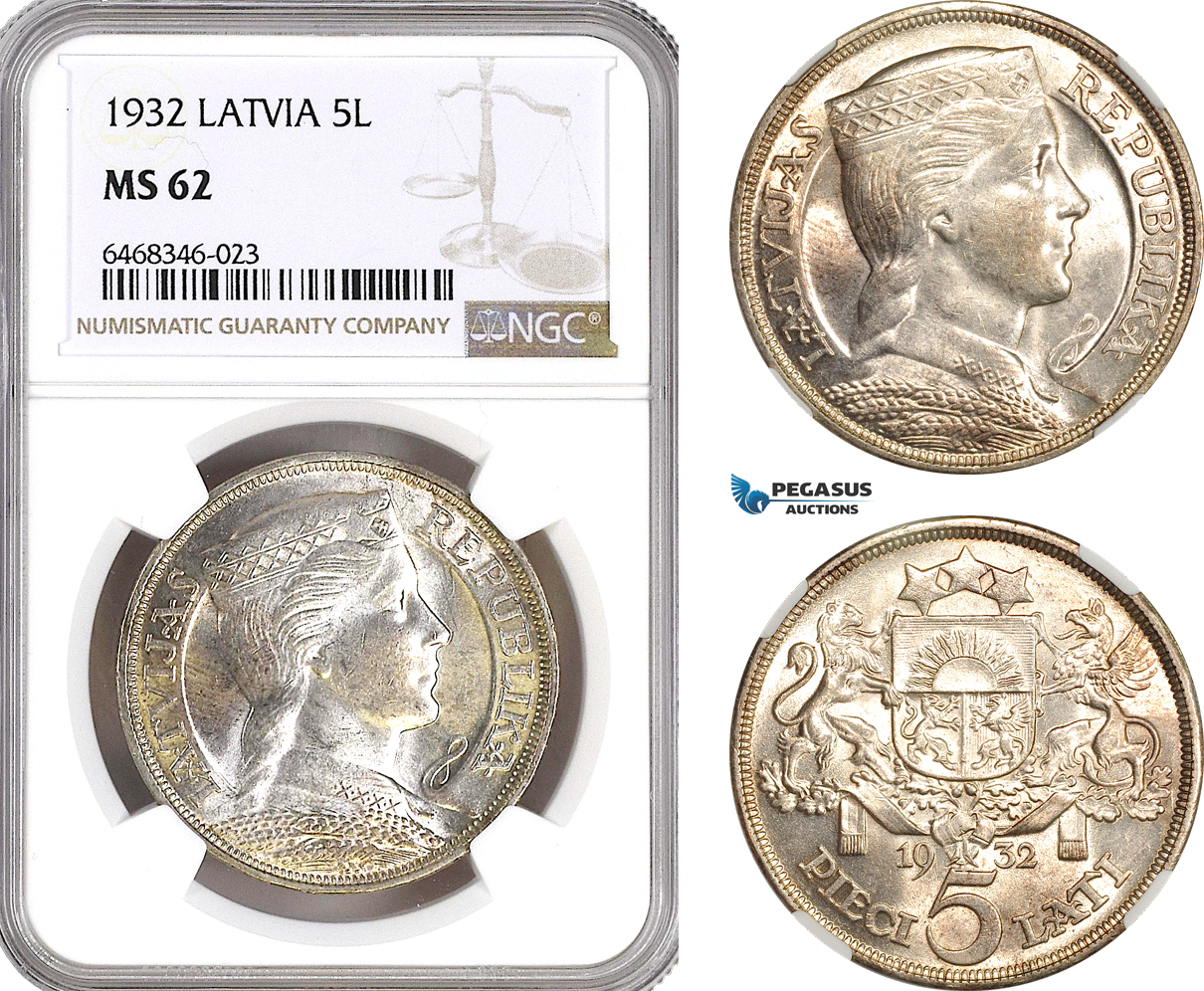 AH233, Latvia, 5 Lati 1932, Silver, NGC MS62