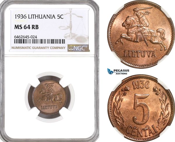 AH234, Lithuania, 5 Centai 1936, NGC MS64RB