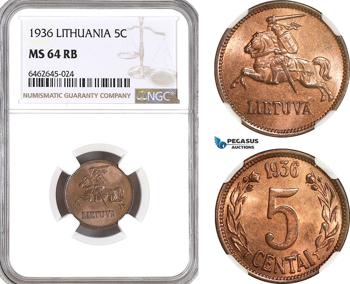 AH234, Lithuania, 5 Centai 1936, NGC MS64RB