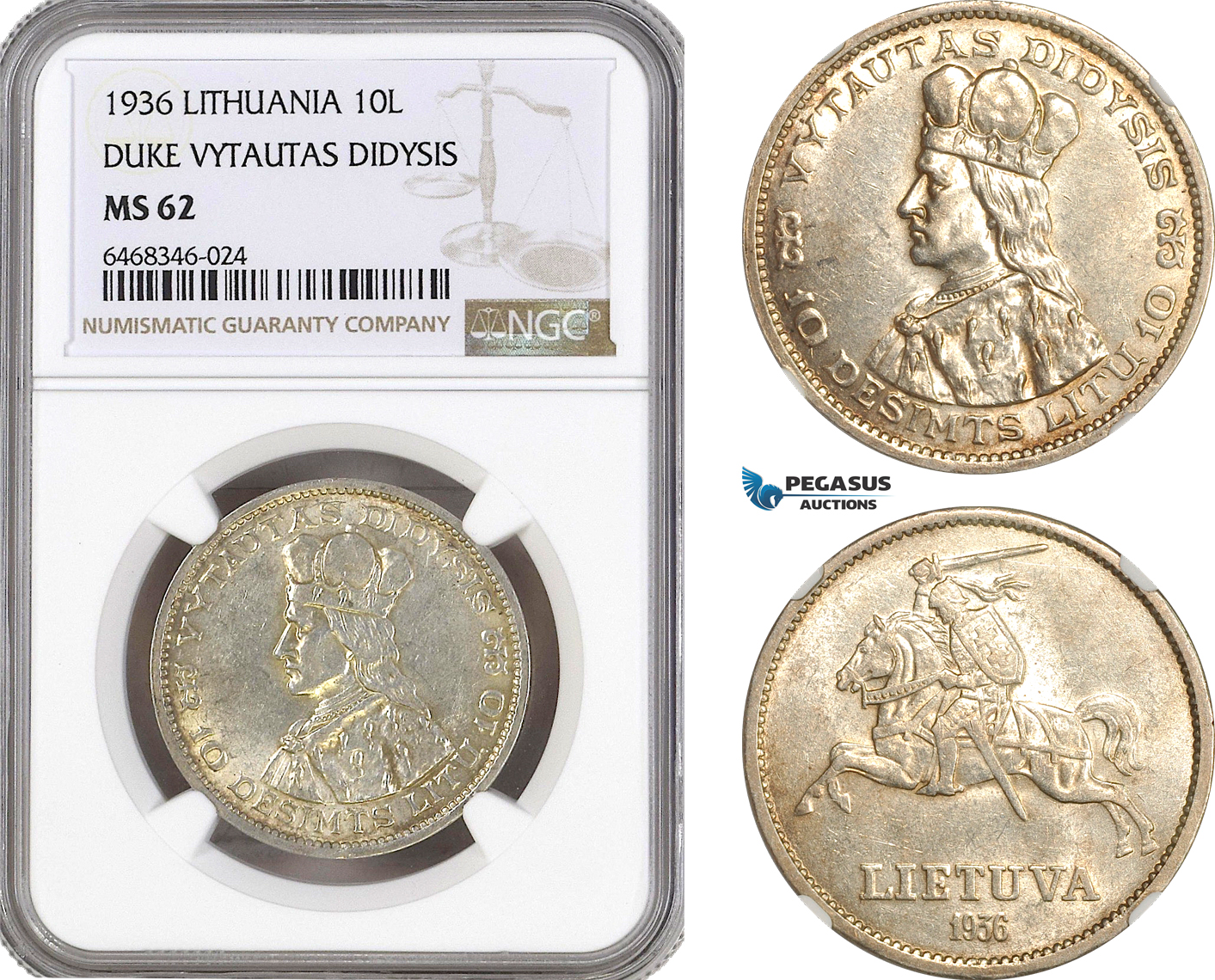 AH235, Lithuania, 10 Litu 1936, Duke Vytautas, Silver, NGC MS62
